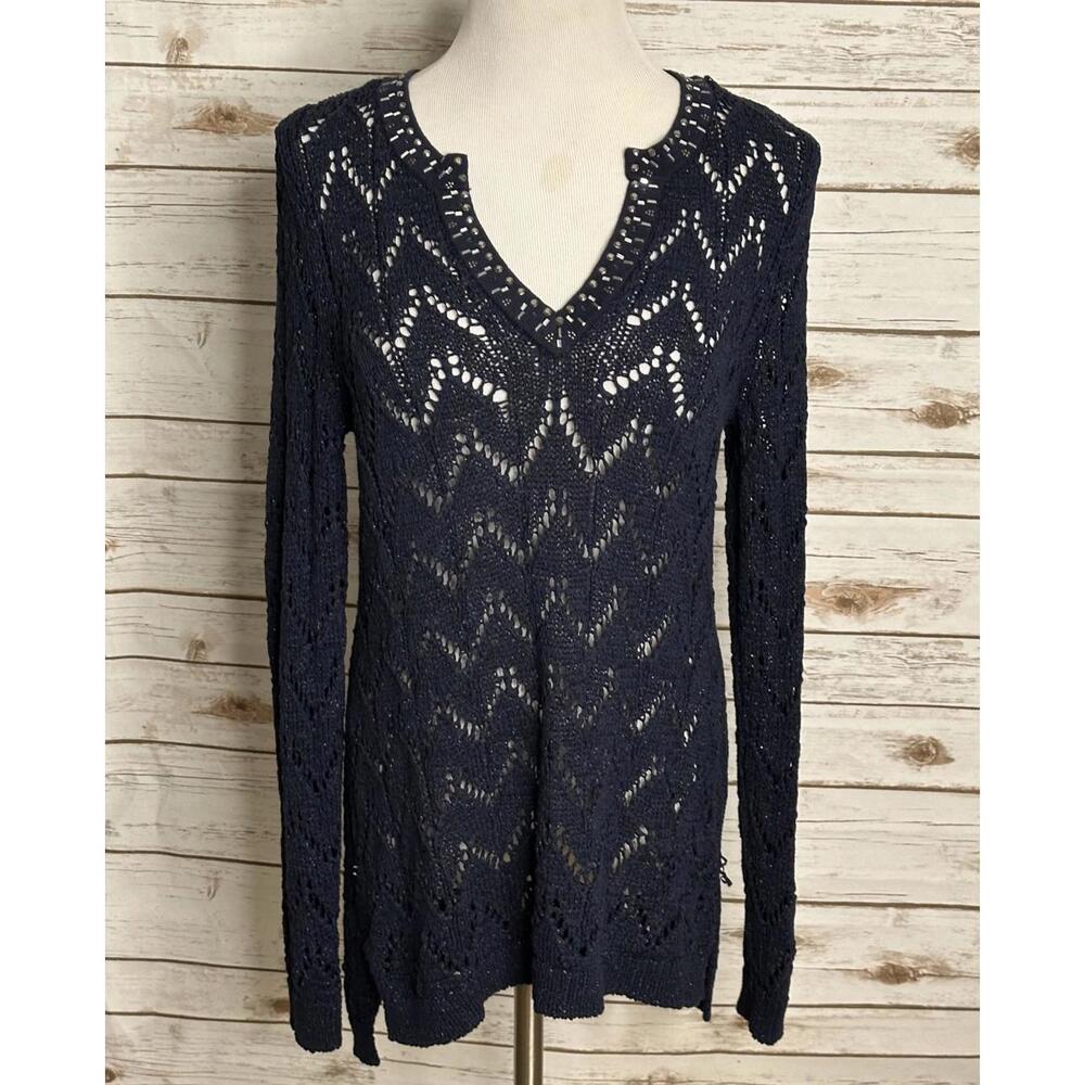 White House Black Market navy beaded keyhole neck pointelle knit tunic Large